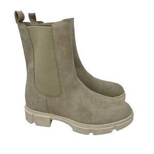 Duffy Womens Boots Beige Block Heel Combat Mid Calf Pull On Leather Stretch 7